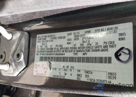 2015 Ford Escape Se from USA, damaged, VIN 1FMCU9G9XFUB26941